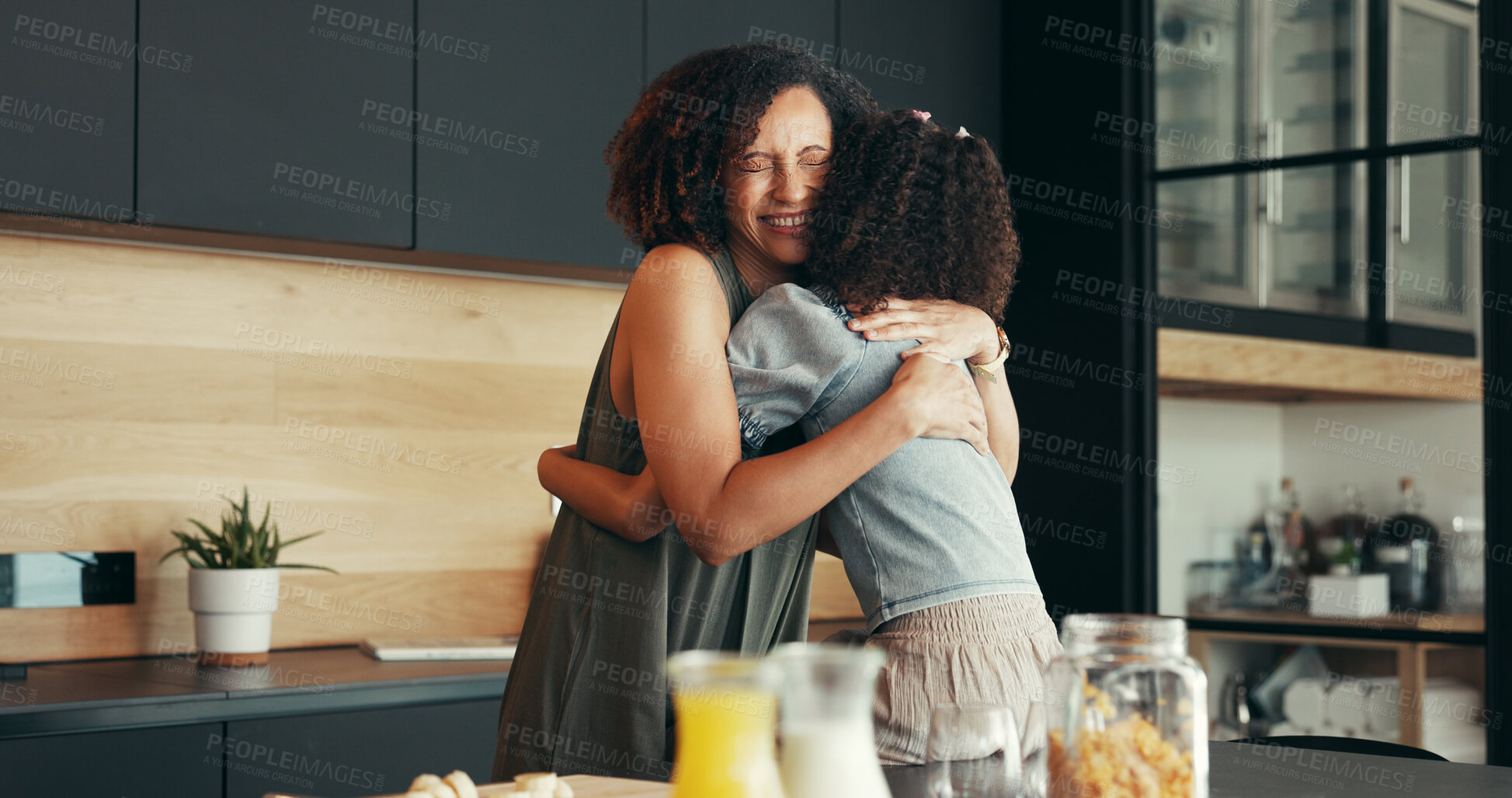 Buy stock photo Kitchen, hug and mom with girl for love, connection or bonding together for comfort, trust or support. Child, mother and daughter with smile in house or family home for affection, care or embrace