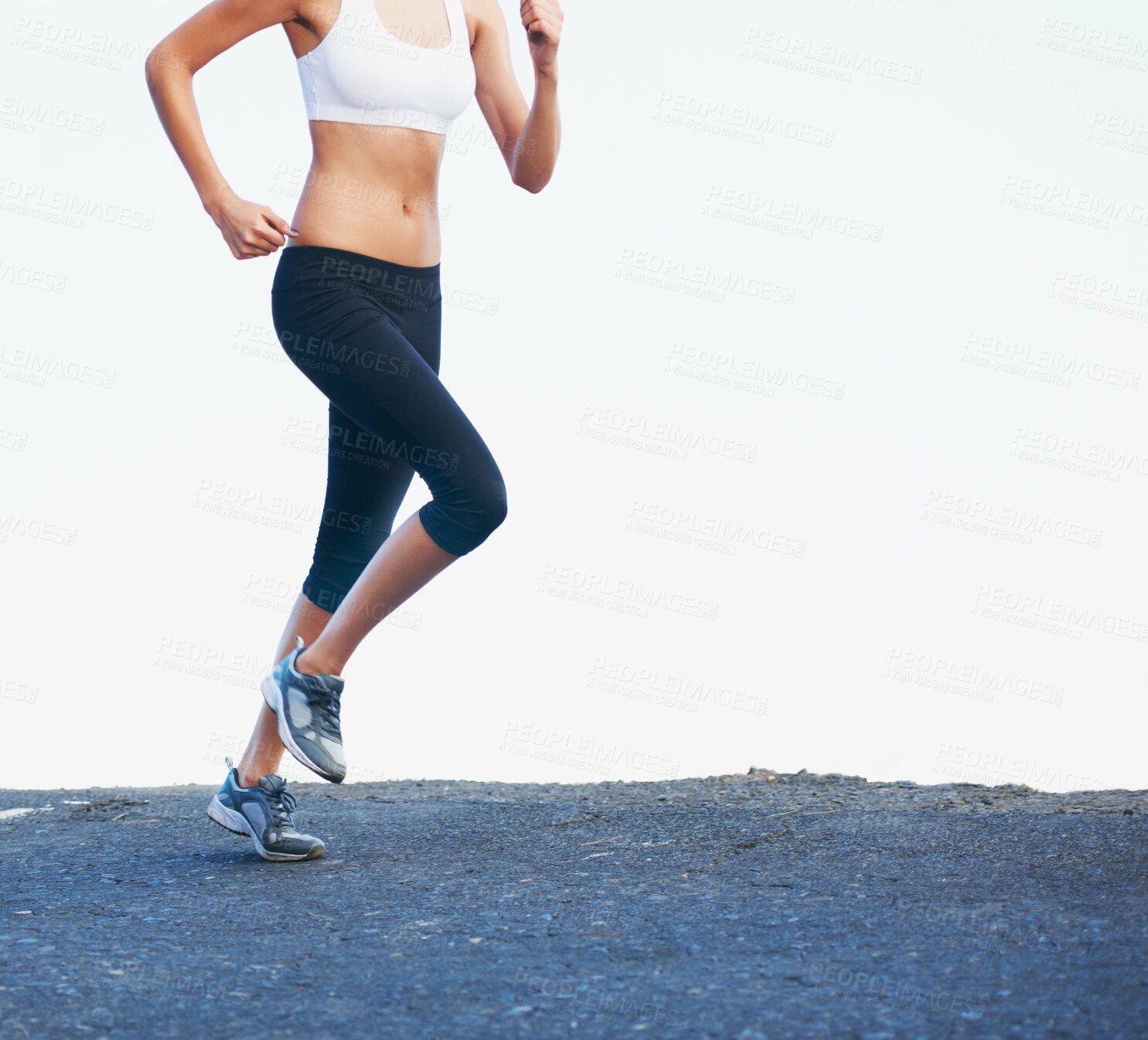 Buy stock photo Legs, running and mockup of woman with exercise, fitness and space outdoor on asphalt and training for marathon. Runner, workout and shoes of athlete on road with sky, health and wellness from cardio