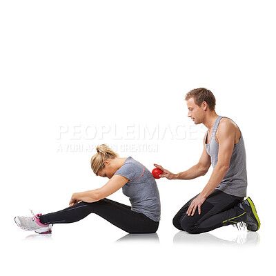 Buy stock photo Massage ball, spine physiotherapy and woman in studio with sport, fitness and workout injury. Physical therapy, man and wellness with physio health and helping with white background and support