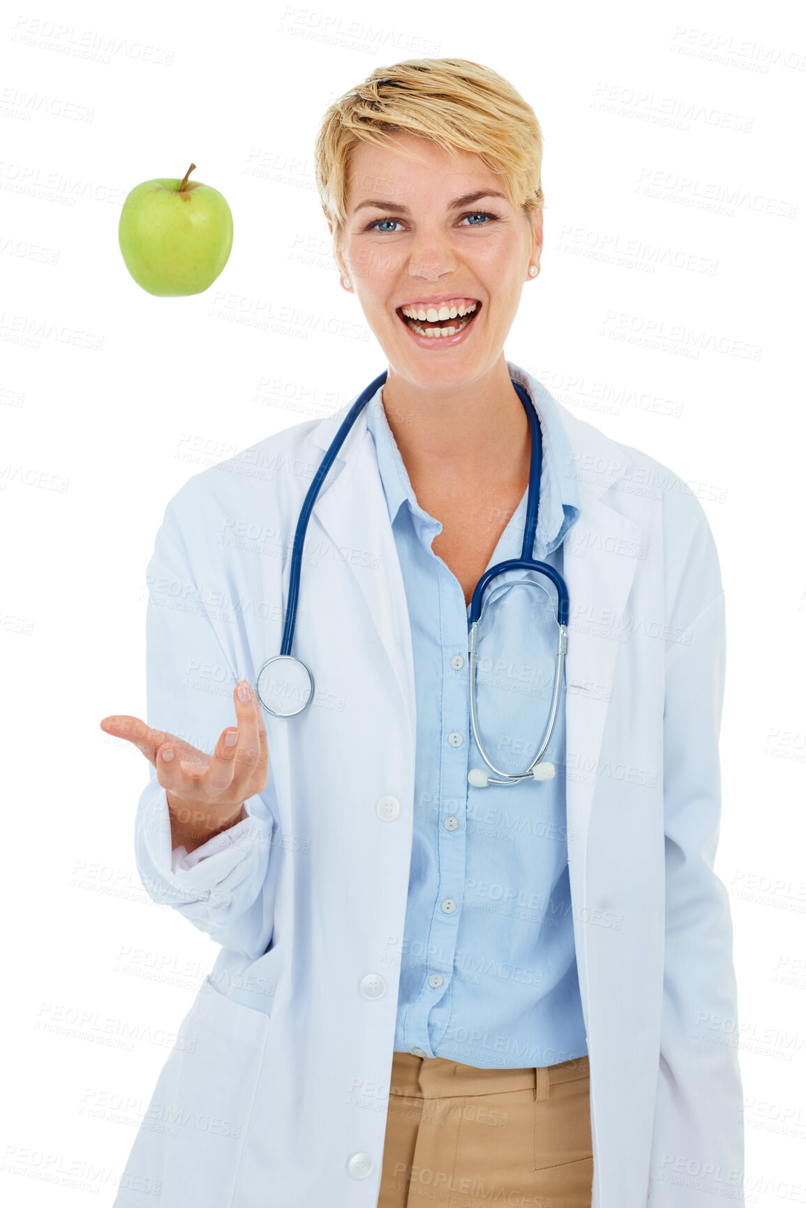 Buy stock photo Doctor, woman and apple, healthcare and diet with nutritionist in studio, happiness and wellness on white background. Healthy food promotion, medical professional with green fruit for nutrition