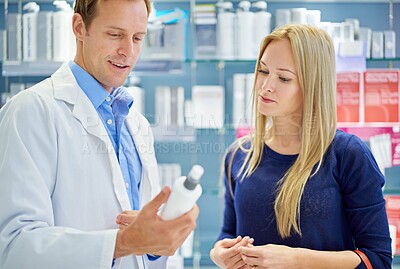 Buy stock photo Shot of a clinician and customer standing in a cosmetics store