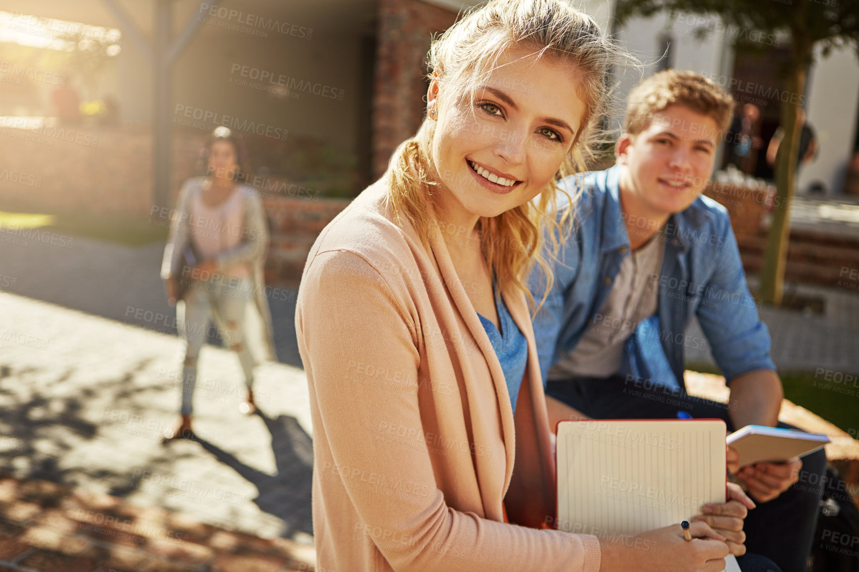 Buy stock photo Woman, outdoor or portrait of student with book for class notes and exam study for education. University friends, happy girl or people learning for scholarship, college test or assignment research