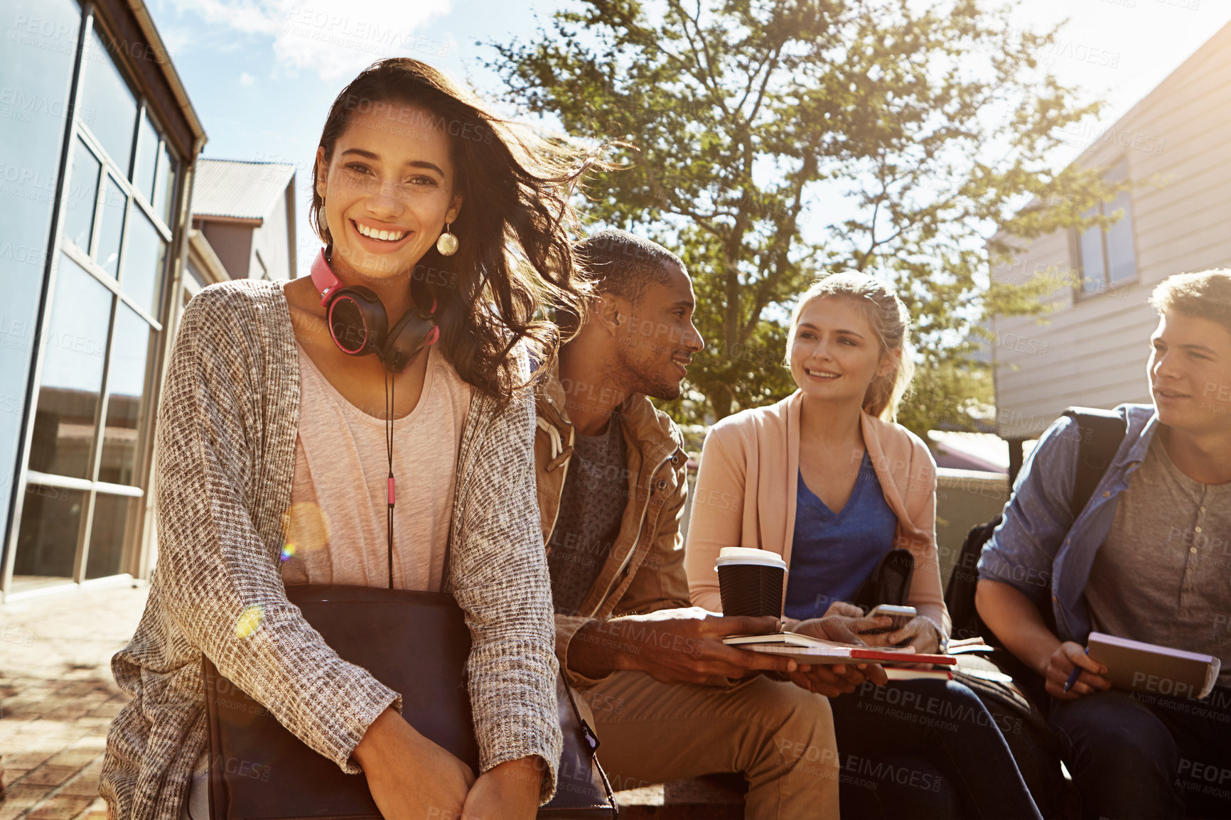 Buy stock photo Portrait, students and smile with woman in college for study group, education and future. Learning, friends and youth with group of people in outdoor campus for academy, scholarship and school