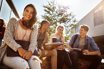 Buy stock photo Portrait, students and low angle with woman in college for study group, education and future. Learning, friends and youth with group of people in outdoor campus for academy, scholarship and school