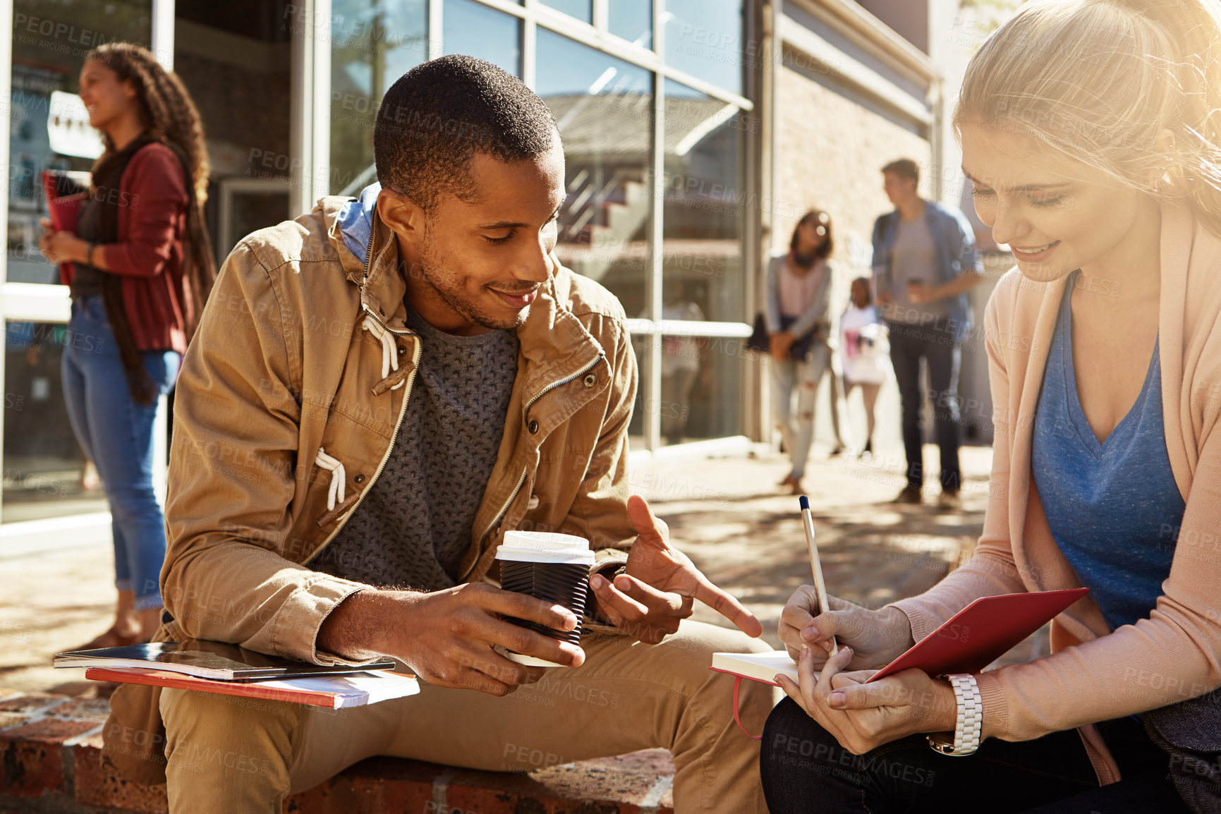 Buy stock photo Students, college or writing in book outside together for class notes, exam study or education. University test, support or people learning for scholarship, diversity and research help for assignment