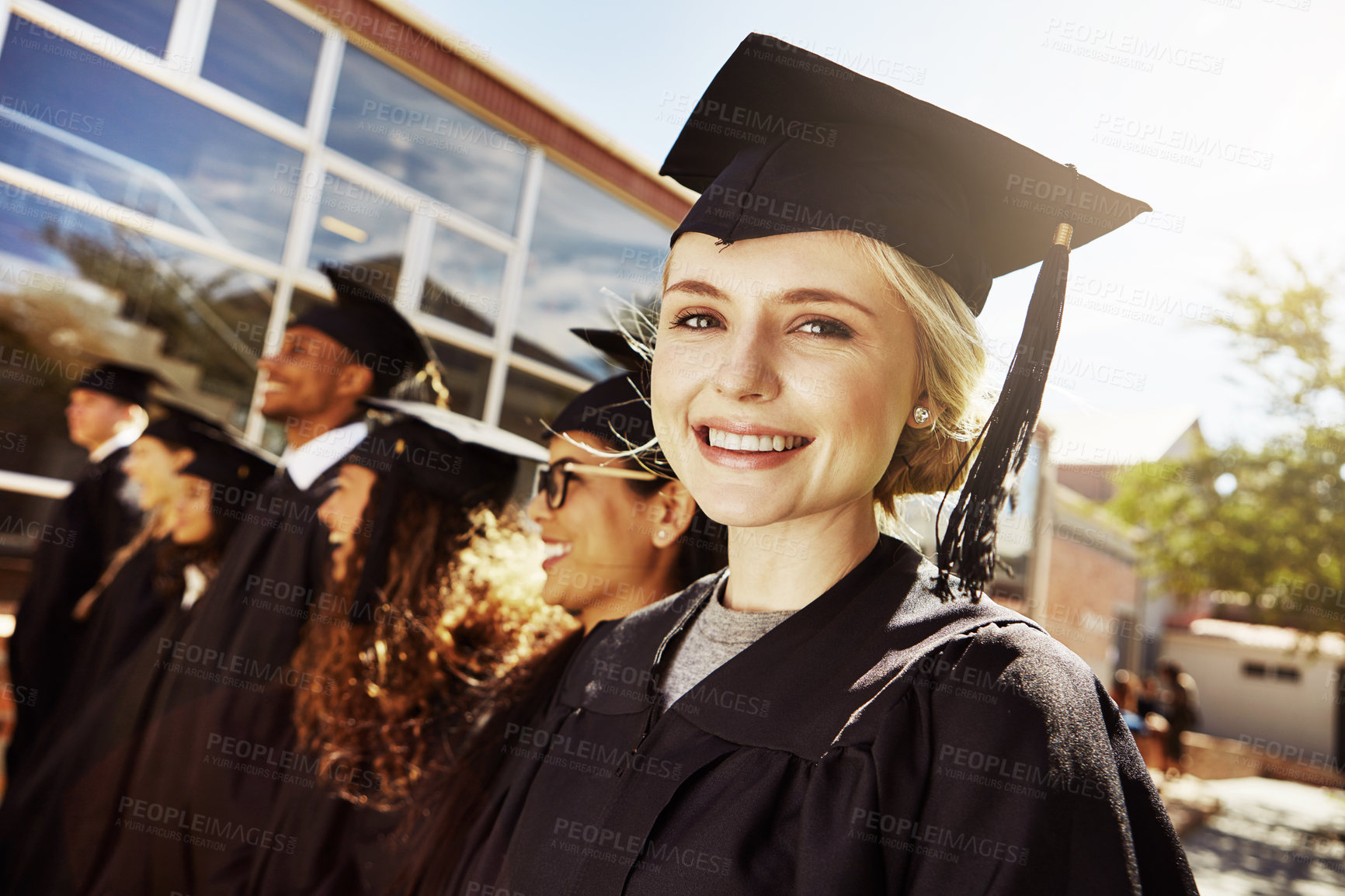 Buy stock photo Happy, woman and portrait for graduation outdoor of education diploma, achievement and milestone. Proud, students and success with university award, announcement and learning goals of academic degree