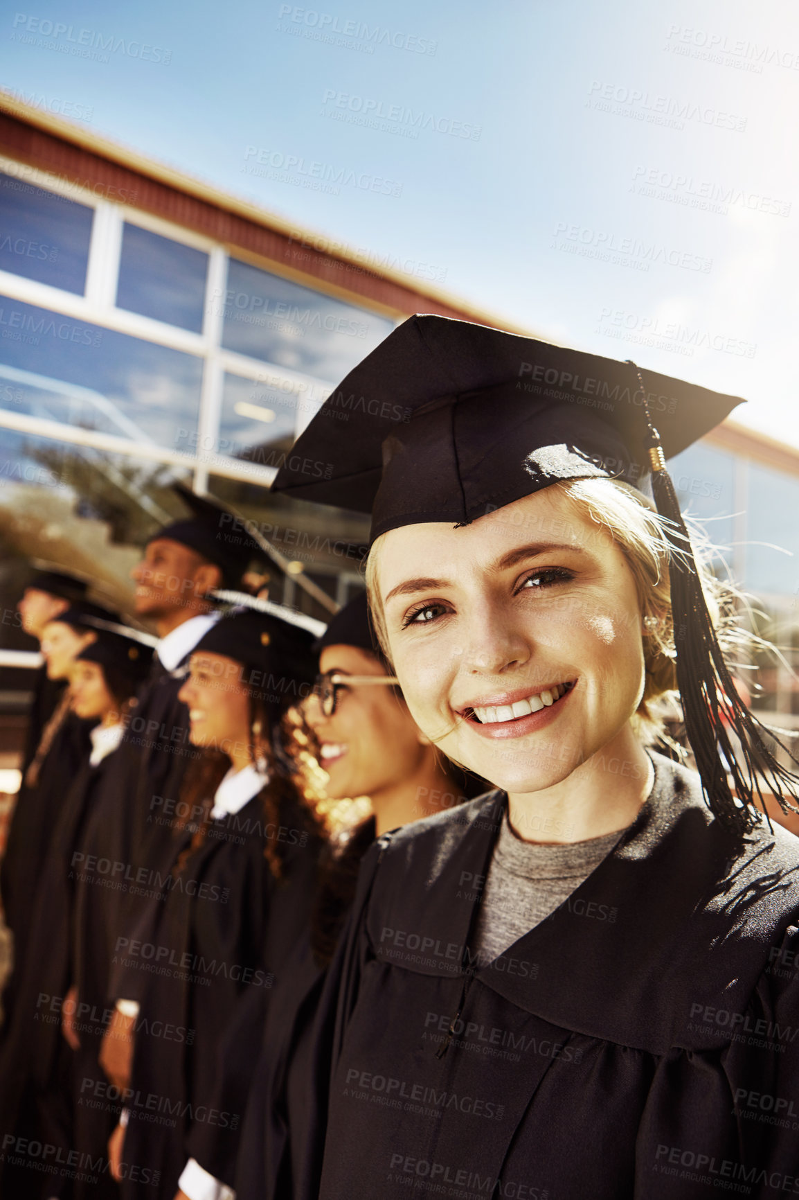 Buy stock photo Proud, girl and portrait with graduation outdoor of education diploma, achievement and milestone. Smile, students and success with university award, announcement and learning goals of academic degree