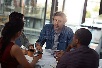 Buy stock photo Business people, tablet and diversity in collaboration, meeting or feedback as creative in office. Technology, group and discussion for team, review and communication in employee engagement or agency