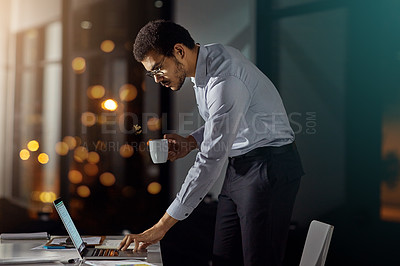 Buy stock photo Businessman, night or laptop with coffee for reading investment research, news or budget plan. Accountant, bokeh or financial advisor typing on technology for network, website or accounting report