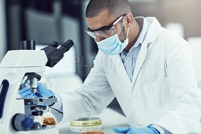 Buy stock photo Man, microscope and science at lab for study, ppe and blood sample for mpox vaccine development. Person, equipment and solution with pharma innovation, medicine and face mask for healthcare crisis