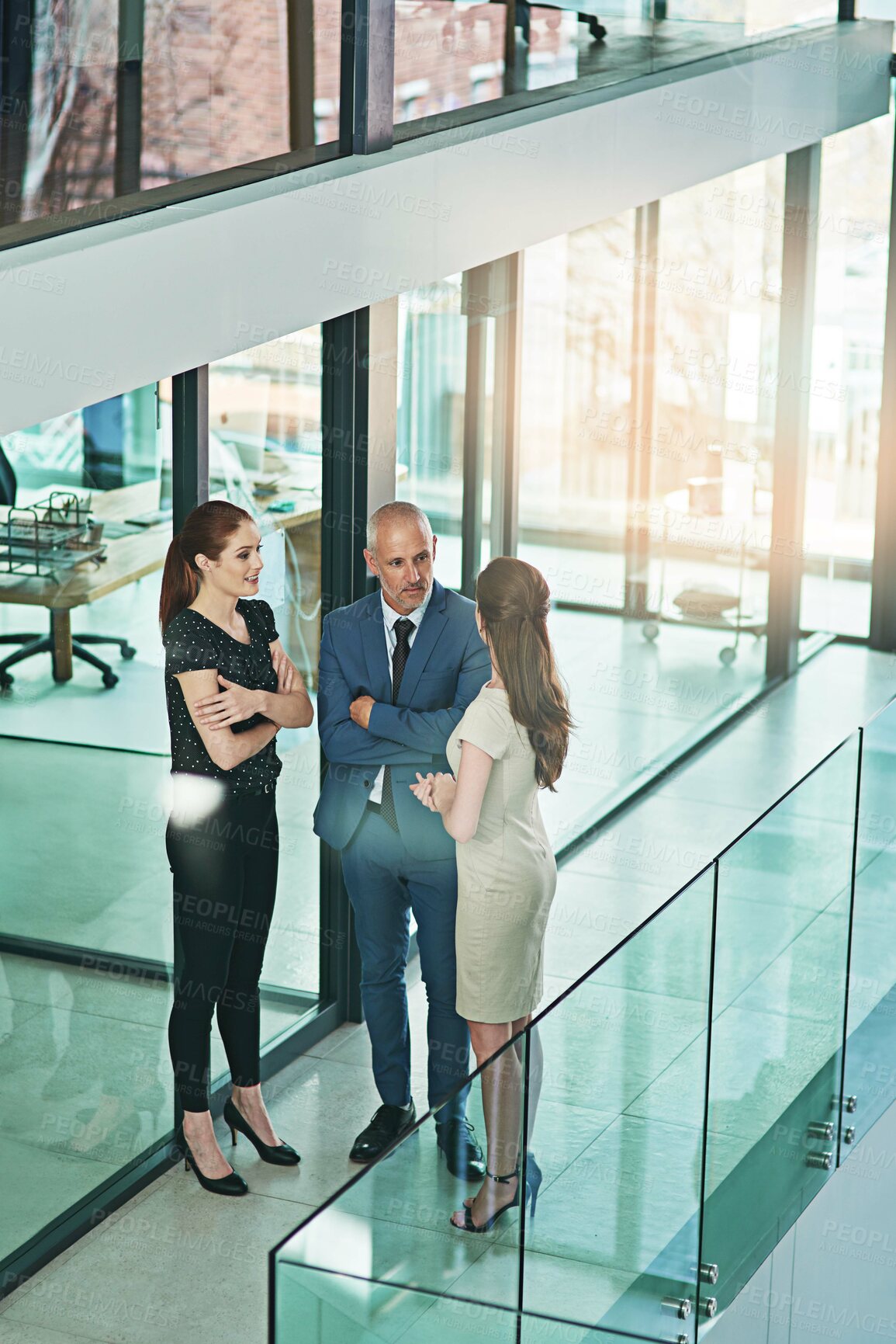 Buy stock photo Happy, businesspeople and strategy meeting for leadership discussion about recruitment at office. Corporate team, arms crossed and conversation about hiring employees with contact and communication