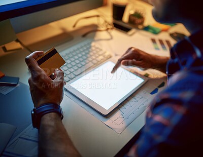 Buy stock photo Night, hands and credit card with tablet screen in online payment for subscription or fintech. Person, working late and technology for e commerce, internet or transaction as employee in mockup space