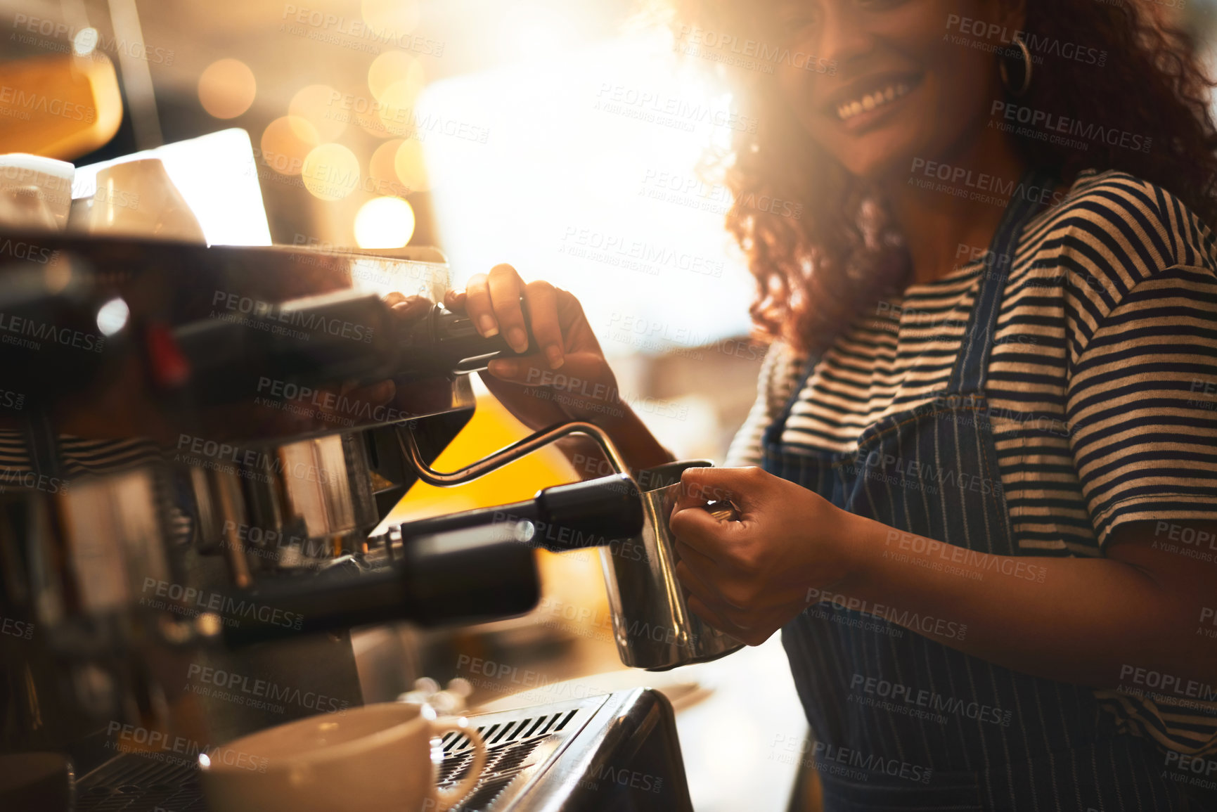 Buy stock photo Cafe, milk frother and woman with machine for latte beverage, bakery and small business. Entrepreneur, barista and cafeteria with person and drinks in coffee shop for restaurant, waitress and diner