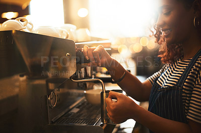 Buy stock photo Coffee shop, milk frother and waitress with machine for latte beverage, bakery and small business. Entrepreneur, barista and cafeteria with person and drinks in cafe for restaurant, woman and diner