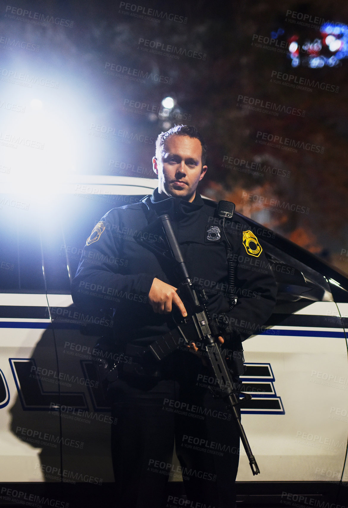 Buy stock photo Police, portrait and rifle with protection service by vehicle at night for law enforcement, city patrol and crime prevention. Public safety, man in uniform and officer in neighborhood for security