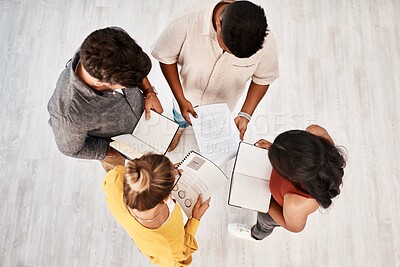 Buy stock photo Business people, technology or above with mockup screen for meeting, data sync or network at office. Top view. group or employees with tablet or phone display in marketing or advertising at workplace