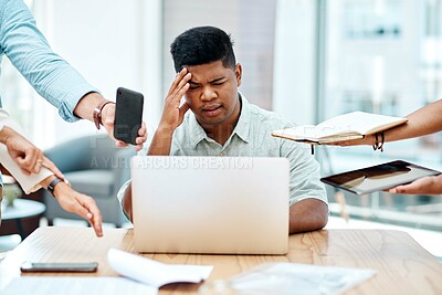 Buy stock photo Businessman, multitasking and headache for burnout, mental health and frustrated at office. Male person, overwhelmed and stress for time management, busy and technology with anxiety in finance agency