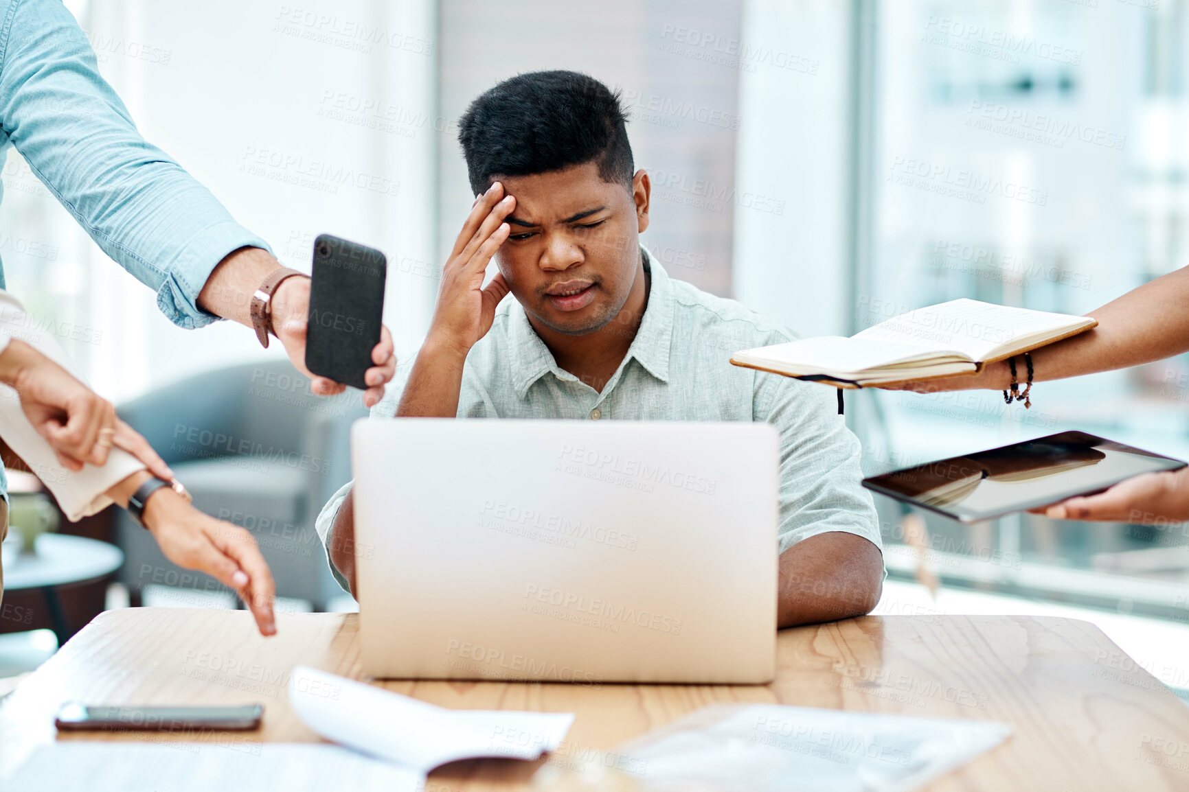 Buy stock photo Businessman, multitasking and headache for burnout, mental health and frustrated at office. Male person, overwhelmed and stress for time management, busy and technology with anxiety in finance agency