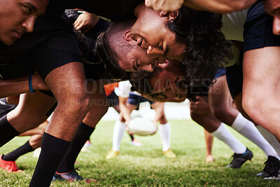 Buy stock photo Rugby, team and men in scrum for strength training, practice or exercise for match and game on field. Fitness, performance and athletes with tackle for warm up, competition and workout for tournament