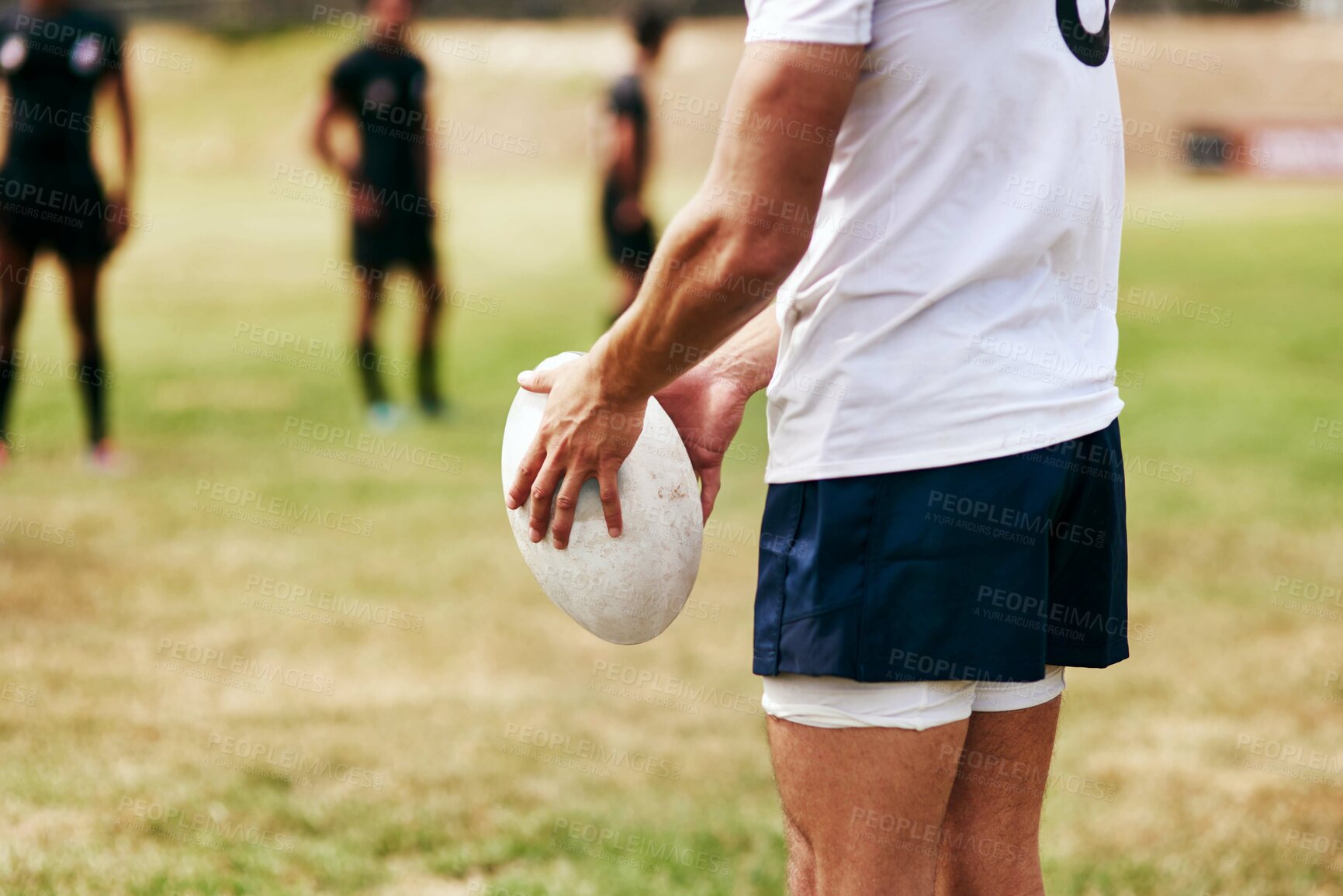 Buy stock photo Man, hands and rugby ball for game, outdoor and challenge with exercise, wellness and fitness. Male person, athlete and recreation facility as team for match, sports and training in stadium or arena