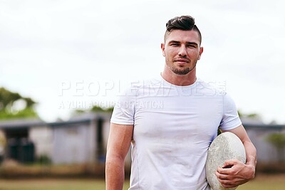 Buy stock photo Man, portrait and rugby ball for game, outdoor and challenge with exercise, wellness and fitness. Male person, athlete and recreation facility in stadium for match, sports event and training in Wales