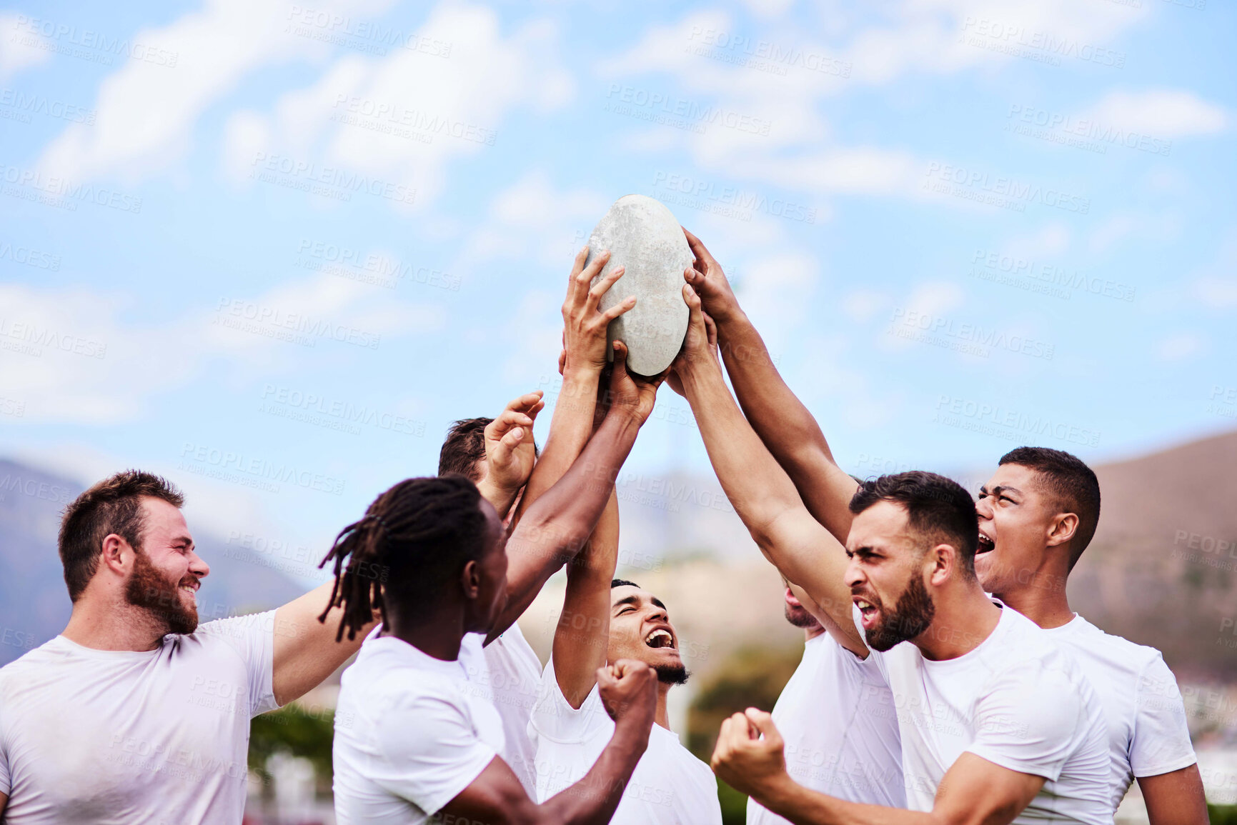 Buy stock photo Men, success and rugby ball for team, outdoor and celebration in exercise, wellness and fitness. Male people, athlete and recreation facility as group for match, sport and victory in stadium or arena