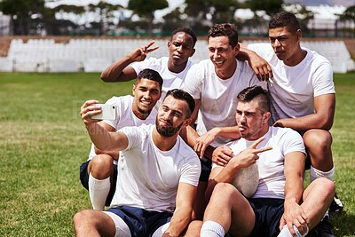 Buy stock photo Rugby, team and selfie for social media, peace sign or profile picture together on grass field outdoors. Sports men, smartphone and smile for game, competition or training with workout and exercise