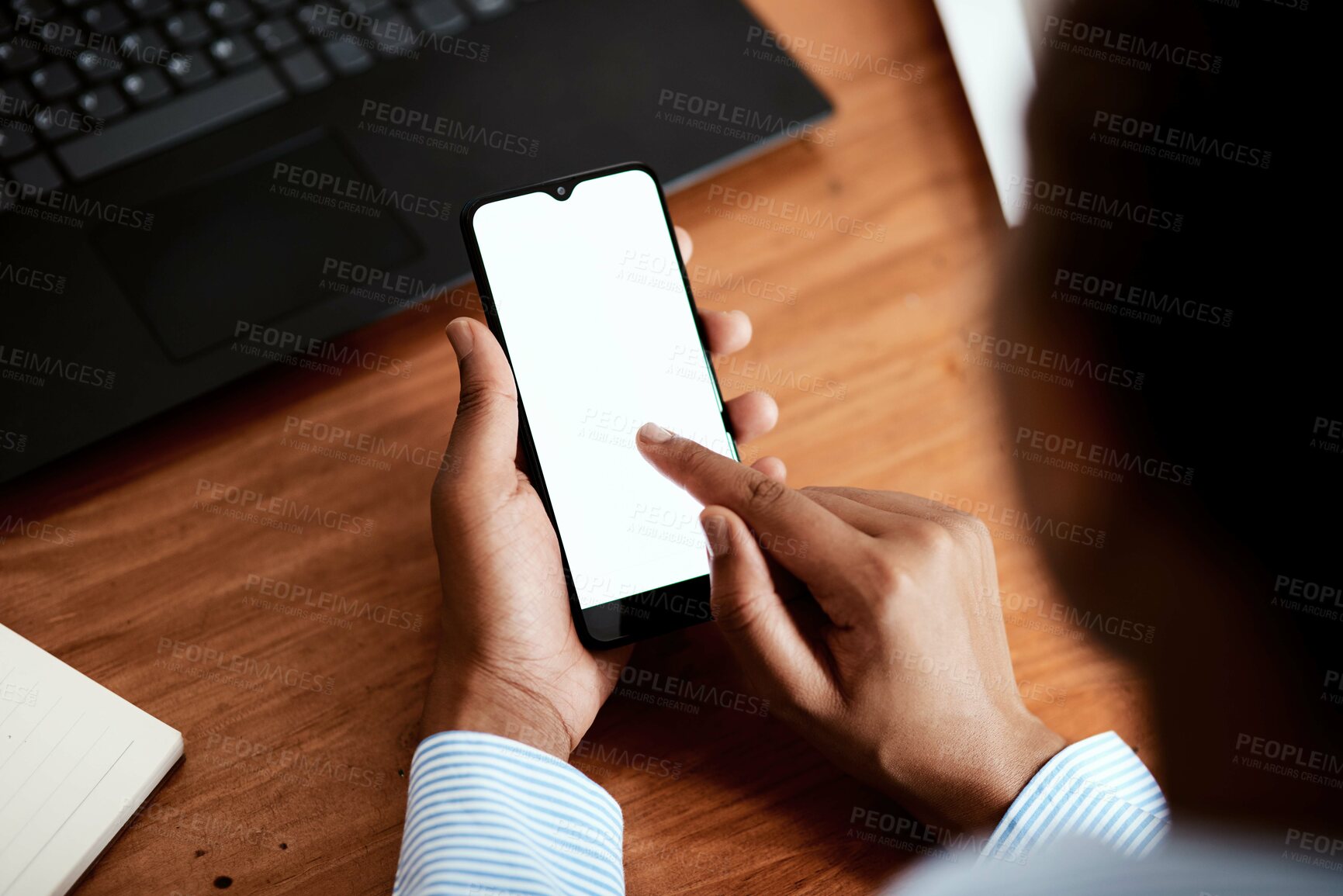 Buy stock photo Hands, business and woman with smartphone, screen and mockup space with communication. Person, accountant and financial advisor with cellphone, network and internet with social media, app and typing