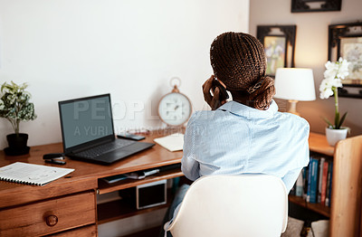 Buy stock photo Business, woman and phone call in home office with remote work for communication and networking as journalist. Back, female person and apartment with laptop on conversation for article question