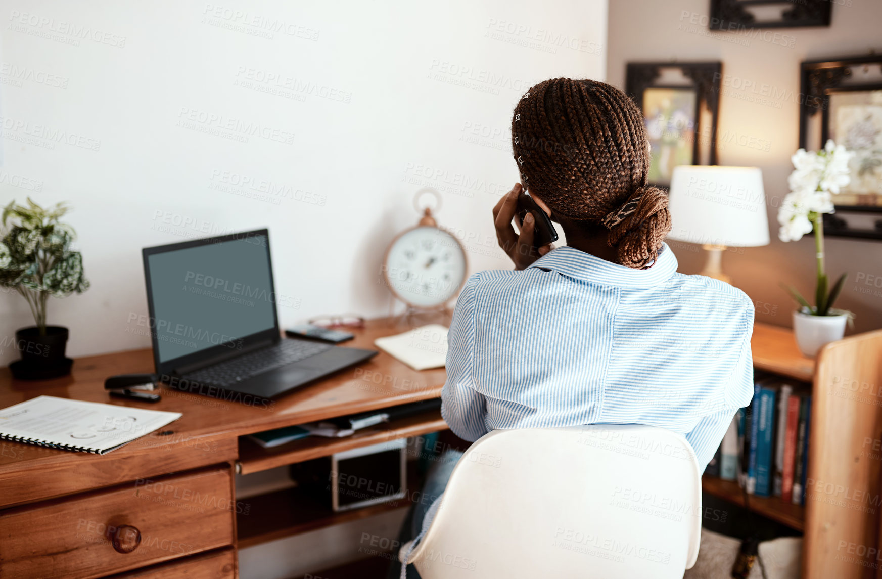 Buy stock photo Business, woman and phone call in home office with remote work for communication and networking as journalist. Back, female person and apartment with laptop on conversation for article question