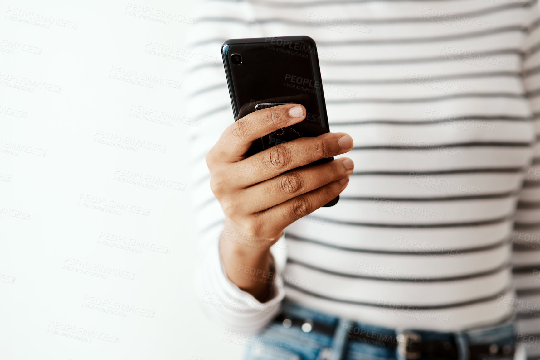 Buy stock photo Hands, woman and texting on smartphone with message, social media or update profile. Closeup, female person and internet connection for website access or email notification, chatting or communication