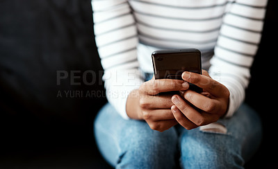 Buy stock photo Hands, woman and texting on smartphone with message or  update profile on social media in dark background. Closeup, female person and internet connection for website access and email notification