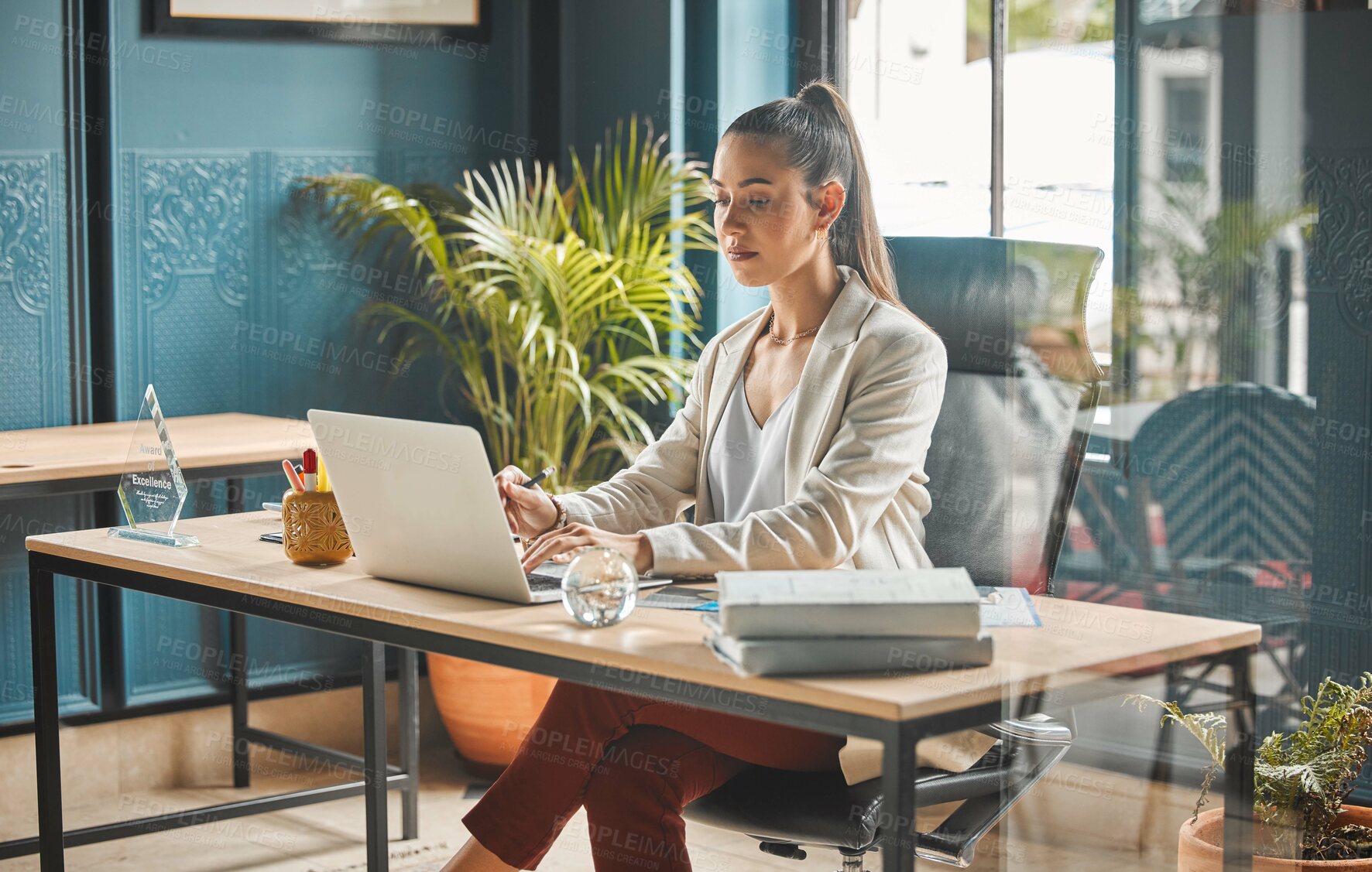 Buy stock photo Woman, laptop and typing in office for research, business management and schedule in creative industry. Editor, computer or connectivity in design studio for email, article development or copywriting