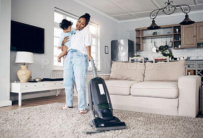 Buy stock photo Phone call, baby and multitasking mother in home with carpet cleaning, accountability or chores. Woman, infant and speaking to contact with vacuum for household maintenance, hygiene and communication