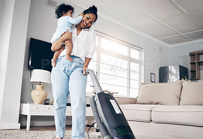 Buy stock photo Woman, baby and phone call to vacuum in home, multitasking household tasks and talking to client. Mother, infant child and online for remote networking in lounge, cleaning and remove dirt on rug