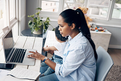 Buy stock photo Mother, baby and laptop multitasking with research for remote work, freelance talk or life balance in home. Brand consultant, mom and juggling child care task for time management and responsibility