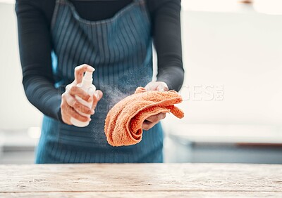 Buy stock photo Cleaning, sanitizer and spray with hands of person and cloth in cafe for bacteria, germs and dust. Safety, dirt and furniture with closeup of waitress in restaurant for virus, disinfection or cleaner