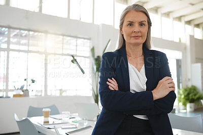 Buy stock photo Business, mature woman or portrait with arms crossed in office for cash flow management or financial compliance. Professional, finance manager or confidence for investment opportunity or career pride