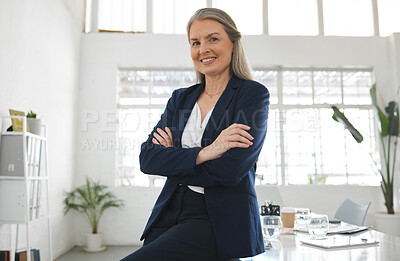 Buy stock photo Office, mature woman and portrait with confidence for corporate career, ambitious and boss with smile. Workplace, female person and happy ceo with arms crossed for business, professional job or pride