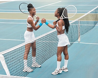 Buy stock photo Tennis, black women and team handshake on outdoor court for training, match and success of game. Collaboration, motivation and workout for wellness, health and rally with fitness at sport club