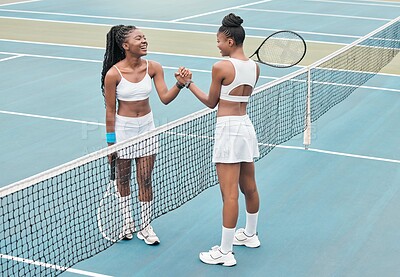 Buy stock photo Tennis, black women and handshake greeting with smile, happy and success from match on outdoor court, Sport, competition and laugh from teamwork, respect and motivation from workout and fitness