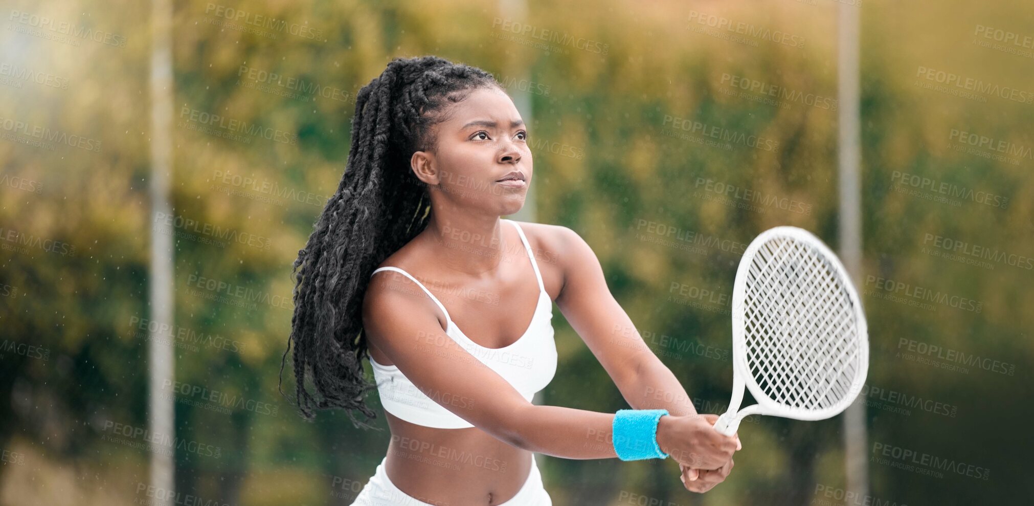 Buy stock photo Black woman, tennis and workout at sport game with competition, serve and fitness on court. Outdoor, start and health club with cardio, match and net with African player, athlete and volley training