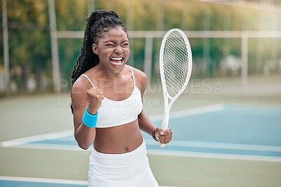 Buy stock photo Black woman, tennis and winning game with yes, achievement and smile on court. Outdoor, celebration and health club with sport, match and winner African player and athlete with point and success