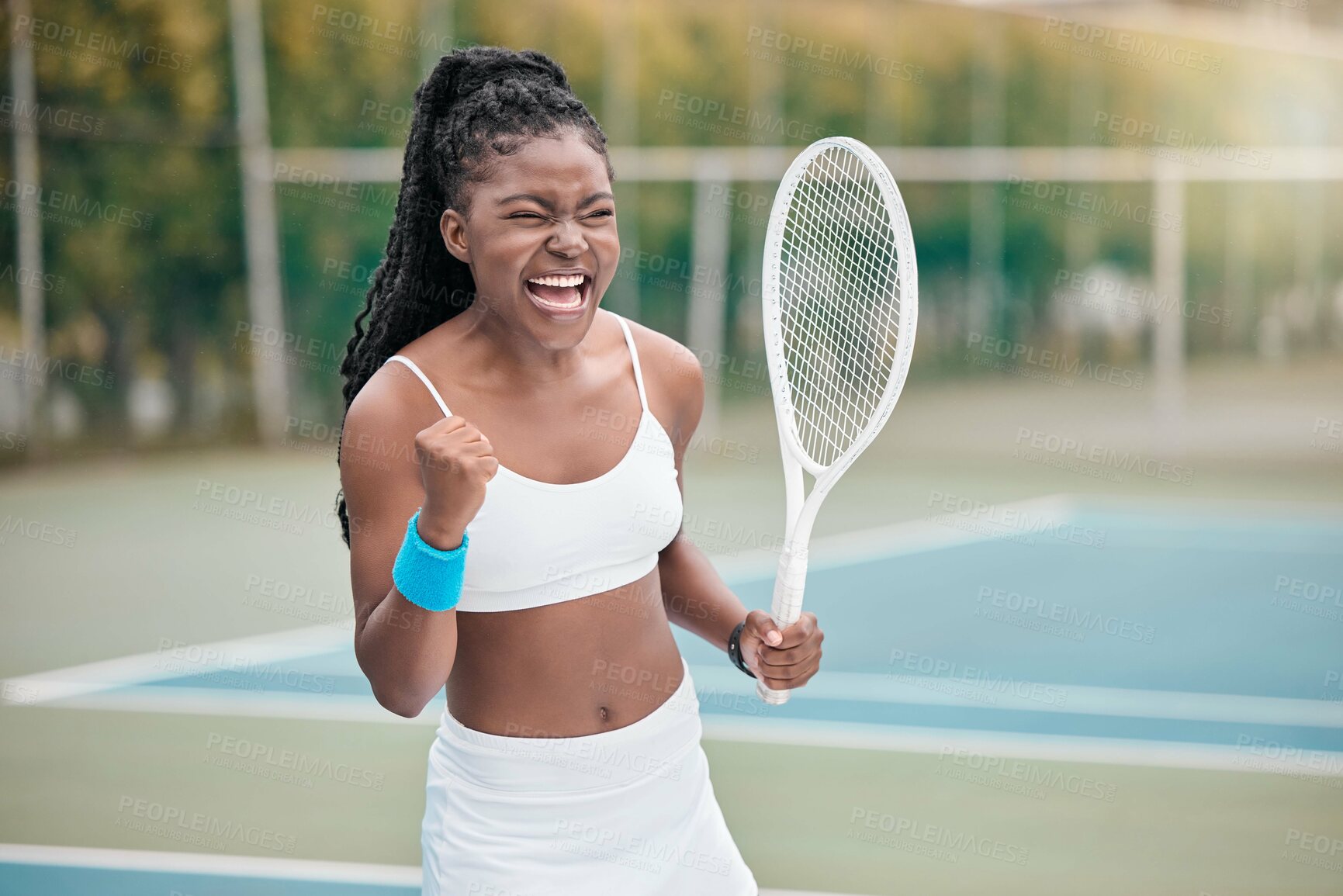 Buy stock photo Black woman, tennis and winning game with yes, achievement and smile on court. Outdoor, celebration and health club with sport, match and winner African player and athlete with point and success