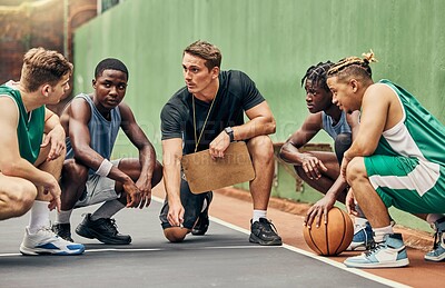 Buy stock photo Basketball strategy, team sports and coach talking to USA sport group about coaching for game on court. Young athlete students in communication about idea during training for professional competition