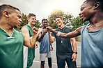 Basketball, sport and motivation with a team and sports coach after a game or practice on a court outdoor. Collaboration, teamwork and fitness with a group outside for exercise, workout and health