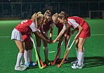 Hockey, together hands and women teamwork, support or  motivation for game, competition or training strategy communication. Leadership, sports and group hand stack circle in target goal collaboration