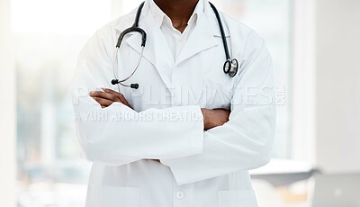 Buy stock photo Hospital, medical and body of confident doctor ready for medicine research, cardiology work or healthcare support. Professional job, career worker or black man with crossed arms, pride and confidence