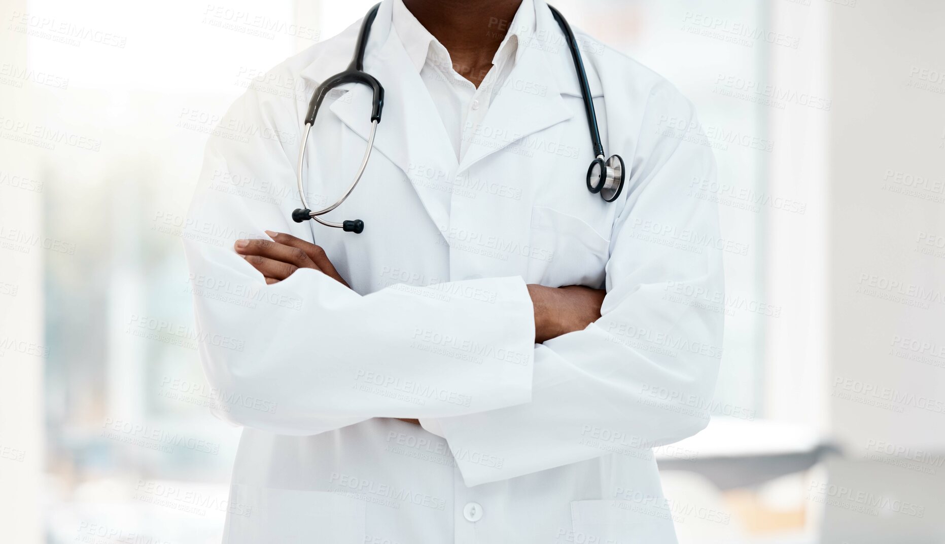 Buy stock photo Hospital, medical and body of confident doctor ready for medicine research, cardiology work or healthcare support. Professional job, career worker or black man with crossed arms, pride and confidence