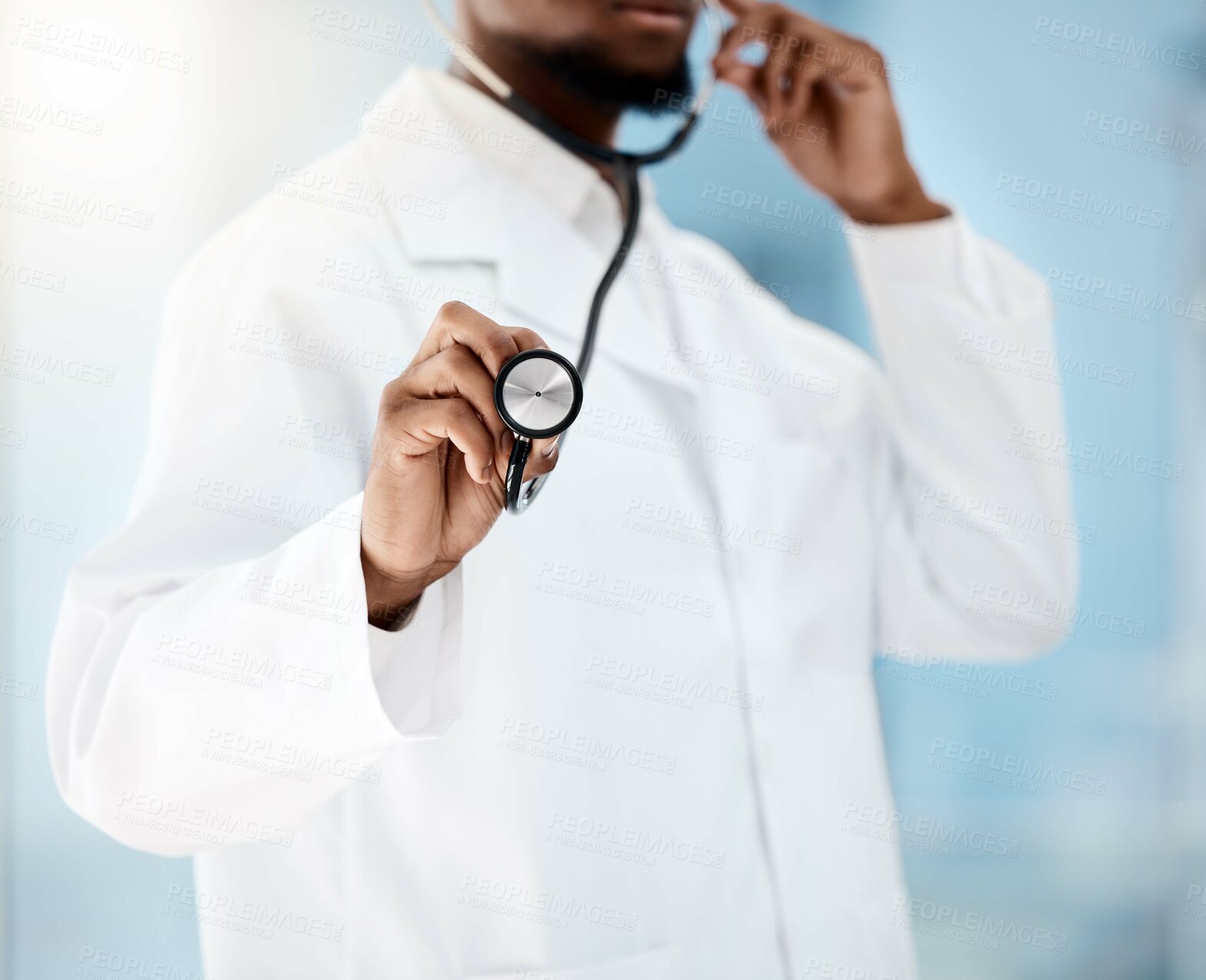 Buy stock photo Doctor, cardiologist and stethoscope for healthcare of a medical, checkup for health and wellness in a hospital. Hand of black man listening to breathing and heart for cardiology and health insurance